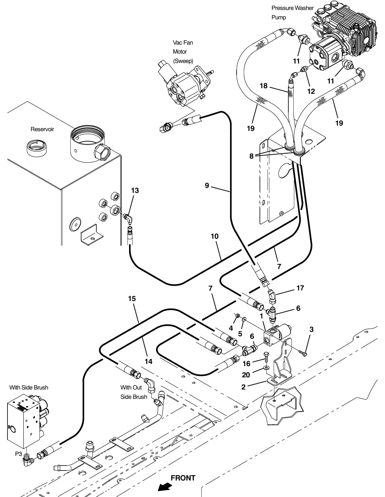 Tennant M20 pressure washer hydraulic hoses group exploded view