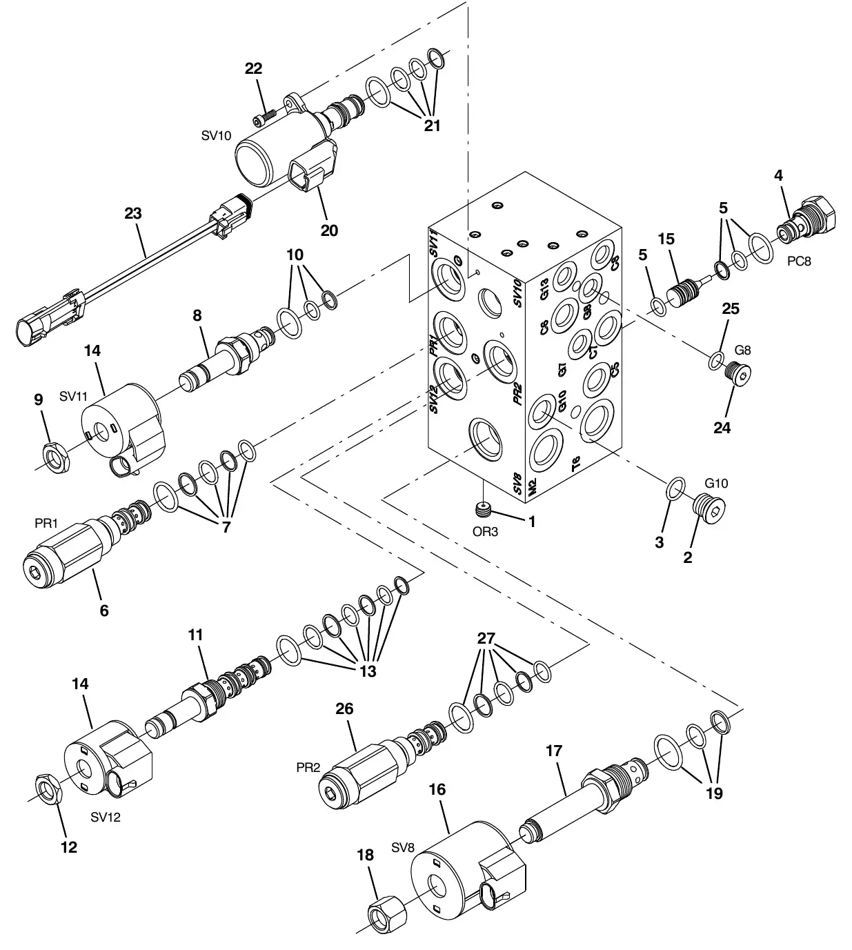 Tennant M20 hydraulic valve breakdown, 1072997 exploded view