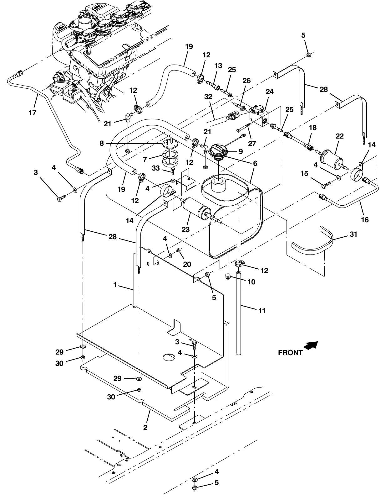 Tennant M20 engine fuel tank group, gasoline exploded view