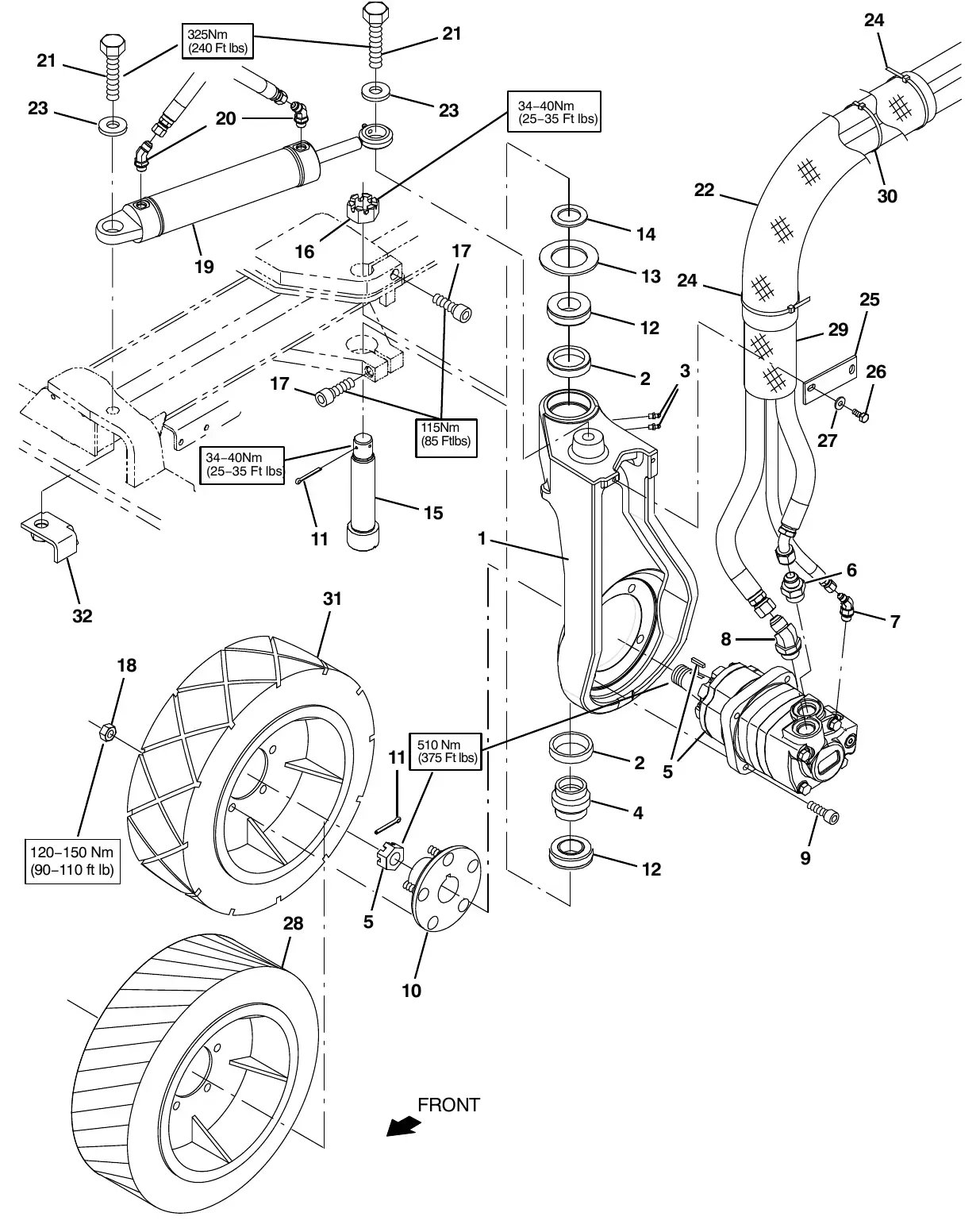 Tennant M20 wheel group, front drive exploded view