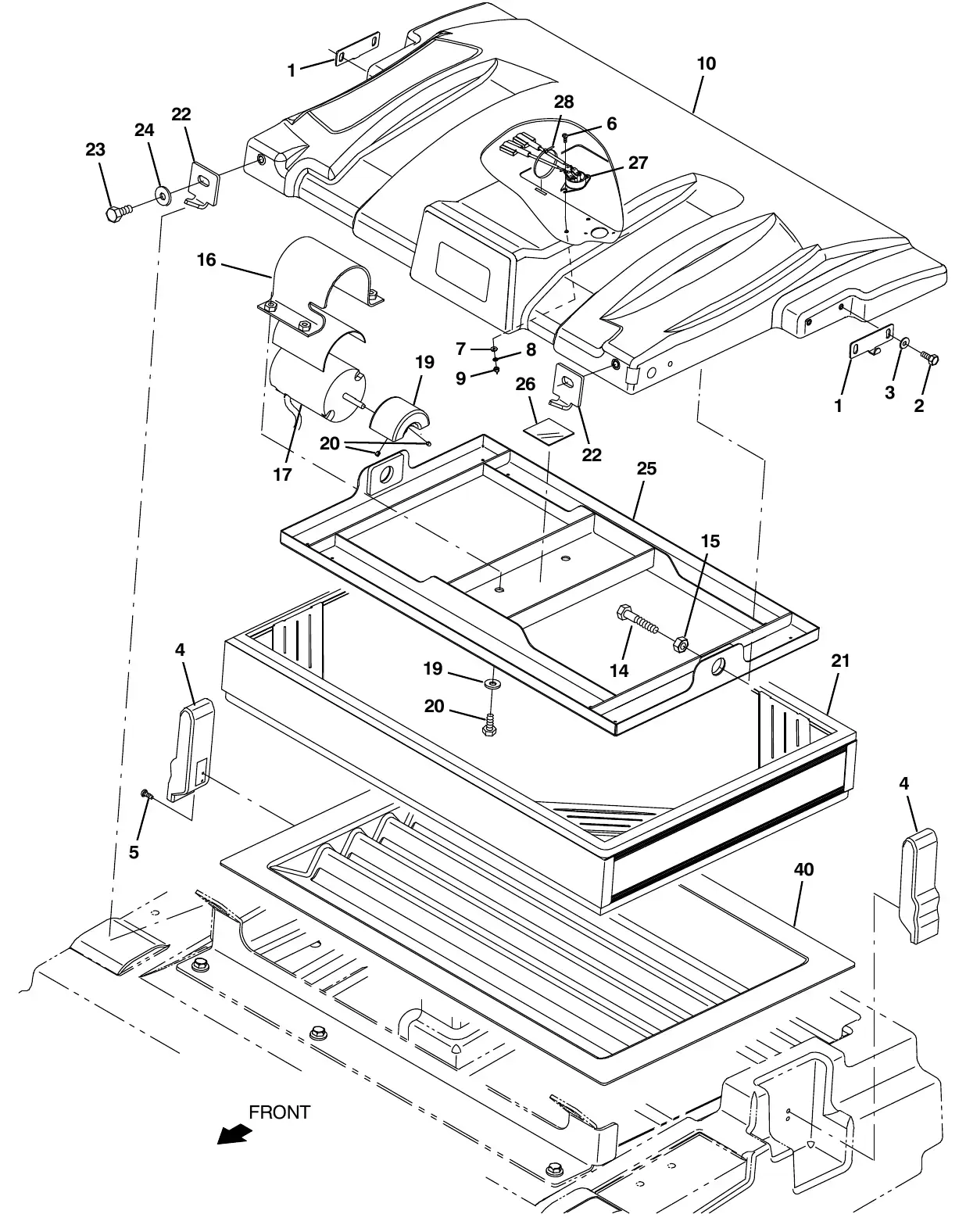 Tennant M20 hopper cover and dust filter group exploded view