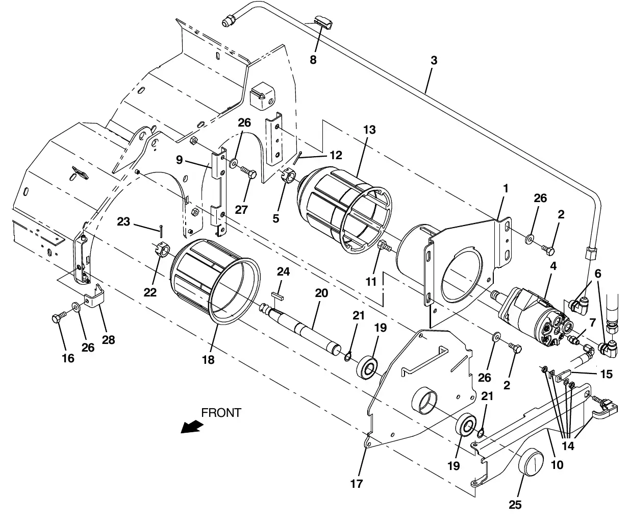 Tennant M20 cylindrical scrub brush drive group, left side exploded view