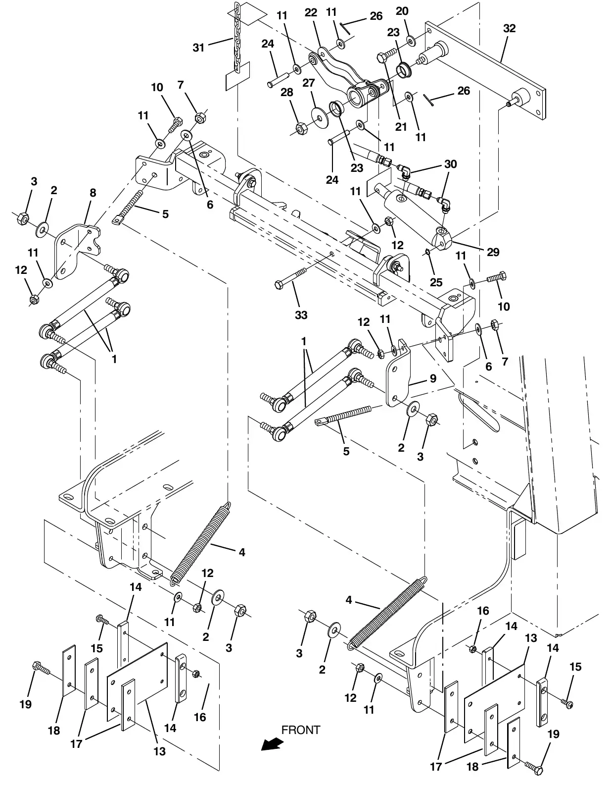 Tennant M20 squeegee lift group, rear exploded view