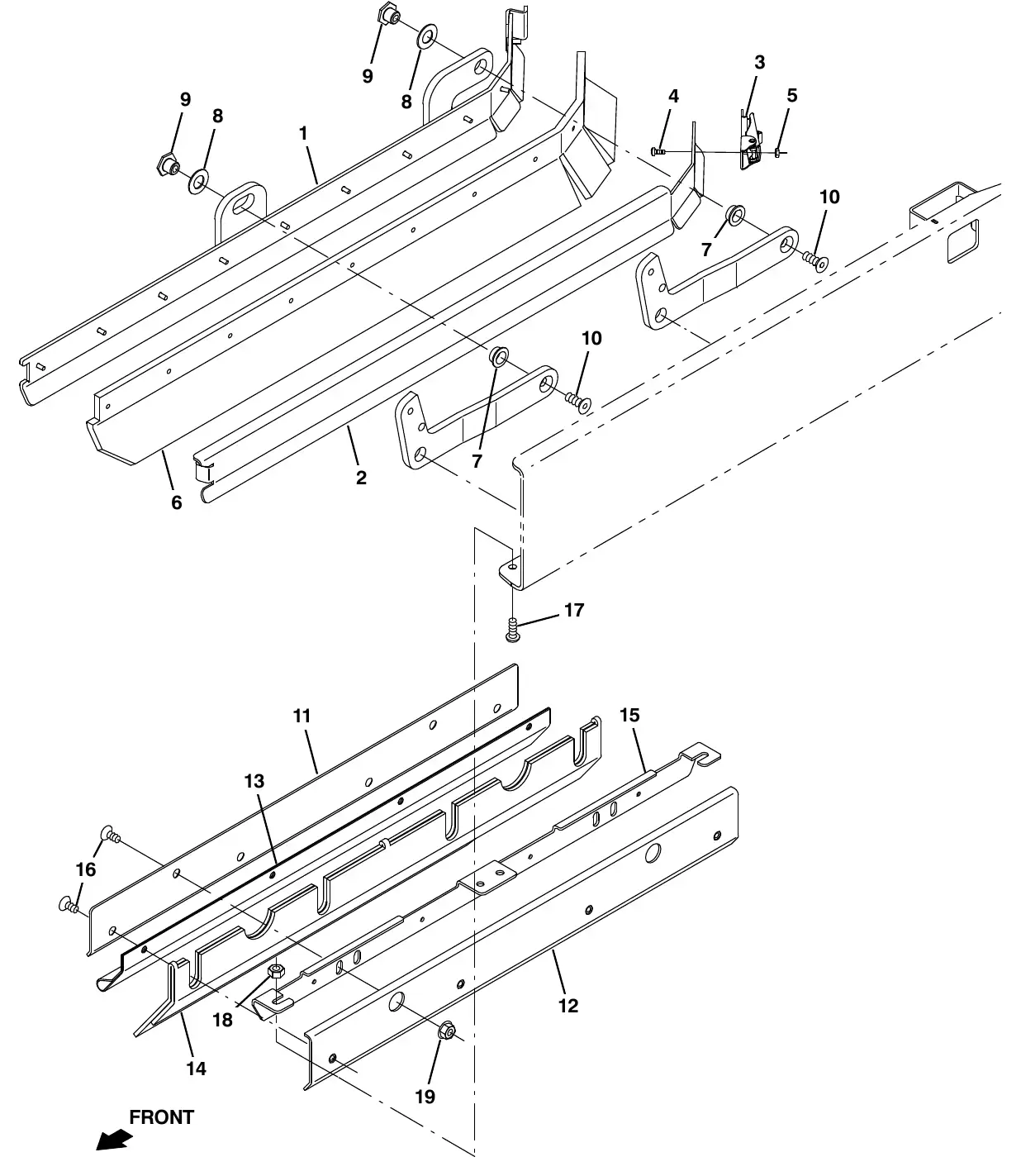 Tennant M20 squeegee group, left side exploded view