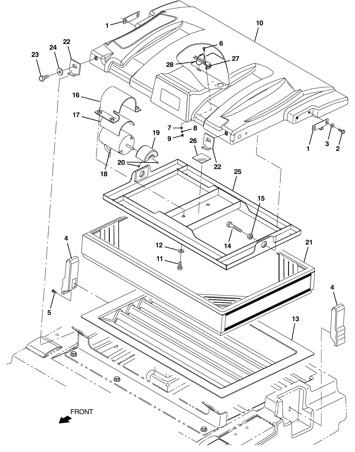 Tennant M20 hopper cover and dust filter group exploded view