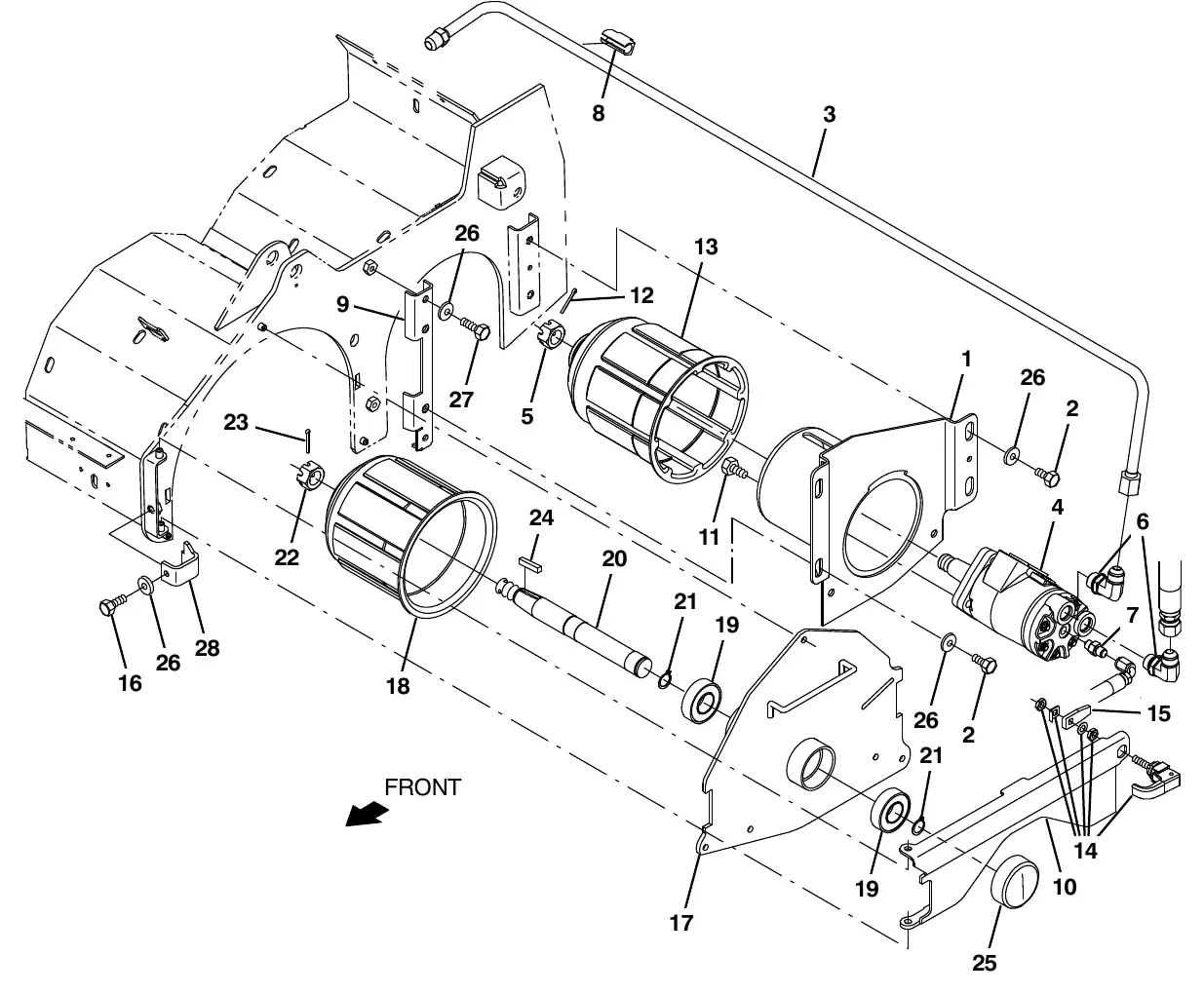 Tennant M20 cylindrical scrub brush drive group, left side exploded view