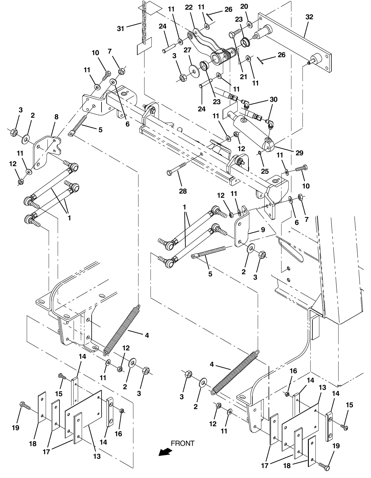 Tennant M20 squeegee lift group, rear exploded view
