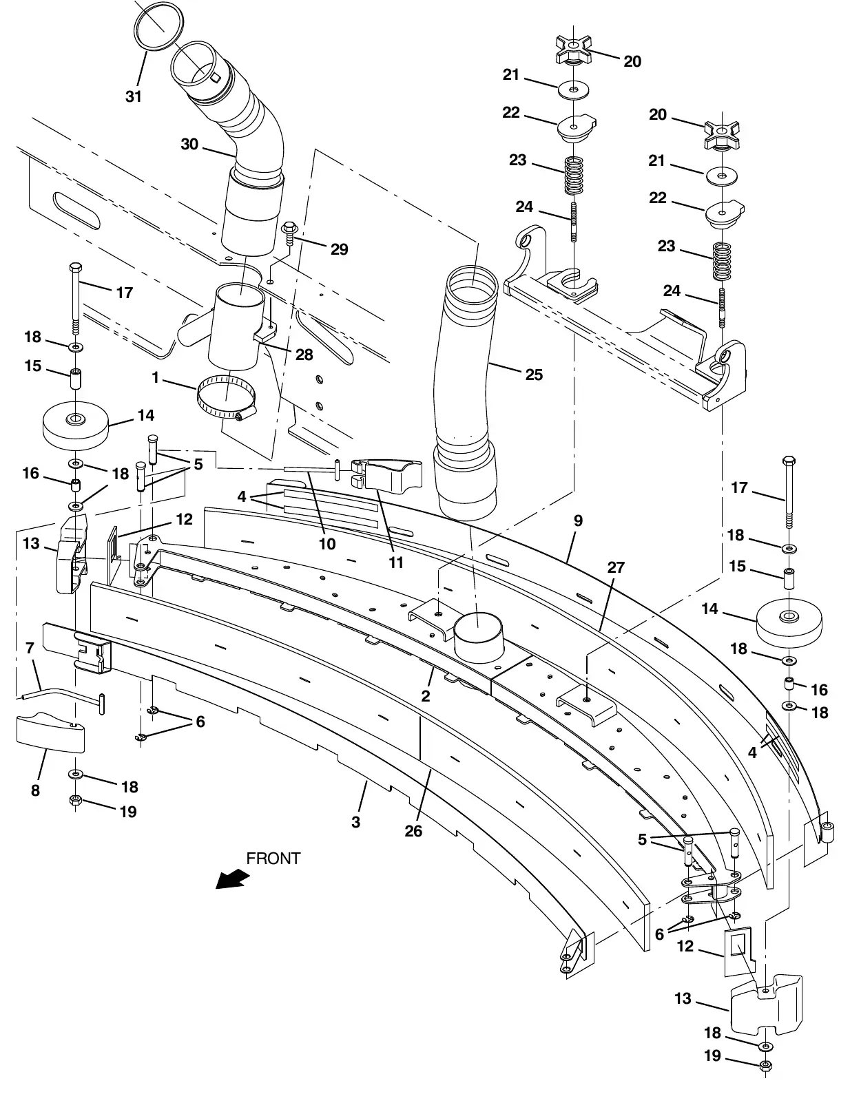 Tennant M20 squeegee group, rear exploded view