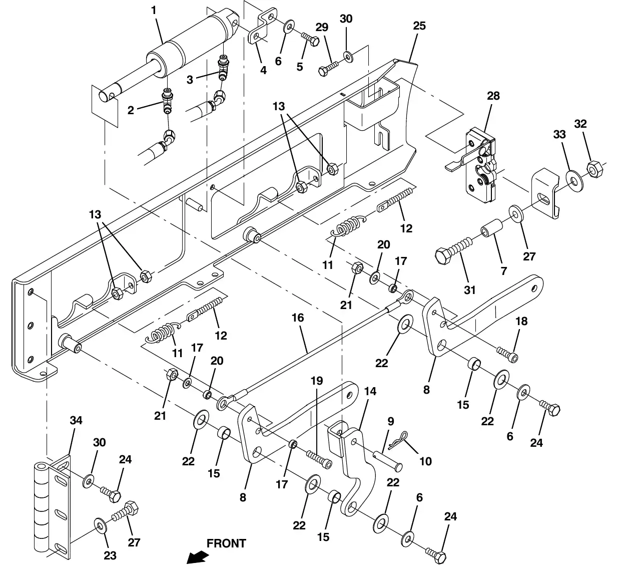 Tennant M20 squeegee lift group, right side exploded view