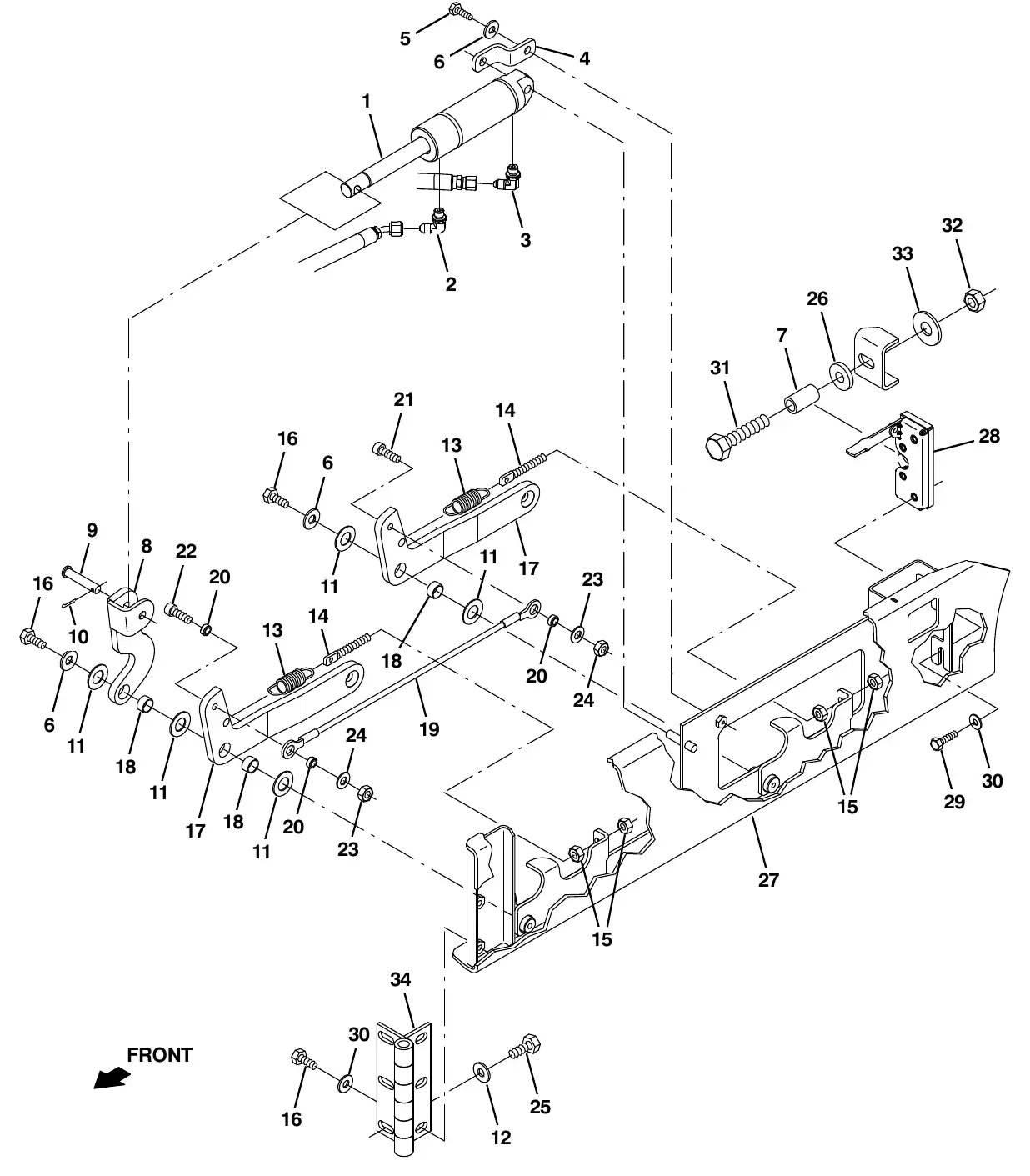 Tennant M20 squeegee lift group, left side exploded view