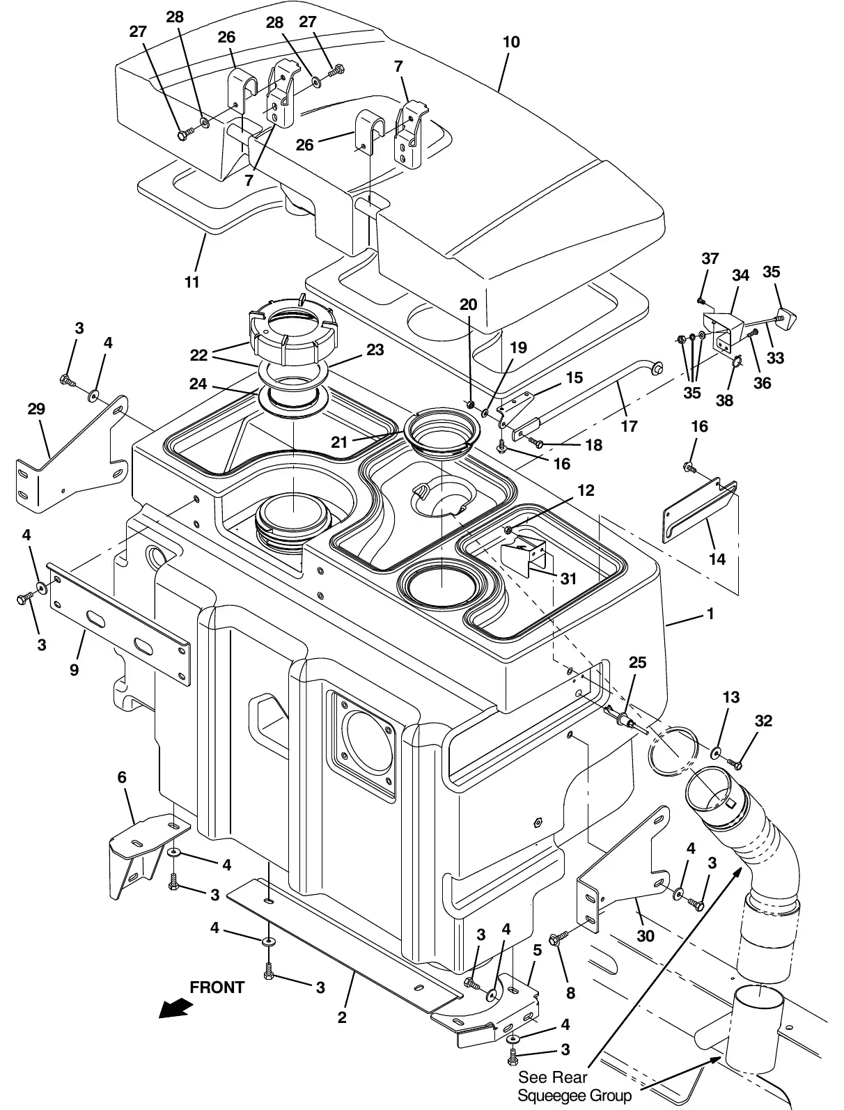 Tennant M20 recovery tank group exploded view