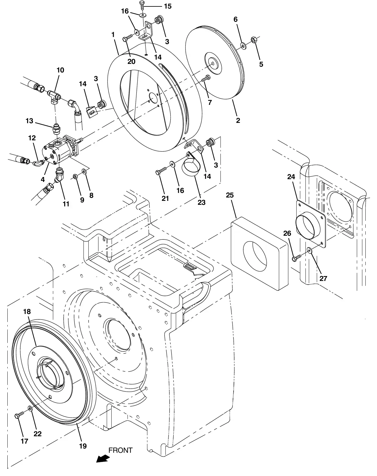 Tennant M20 vacuum fan group, scrubbing exploded view