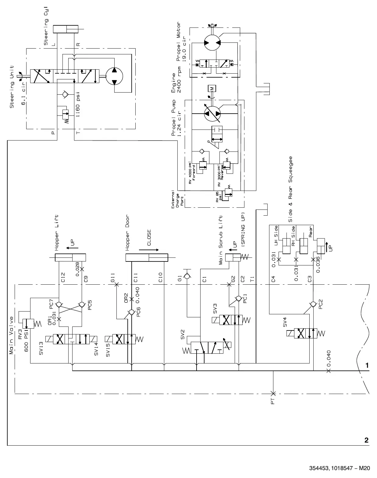 Tennant M20 hydraulic hose group, steering and propel exploded view (page 1)