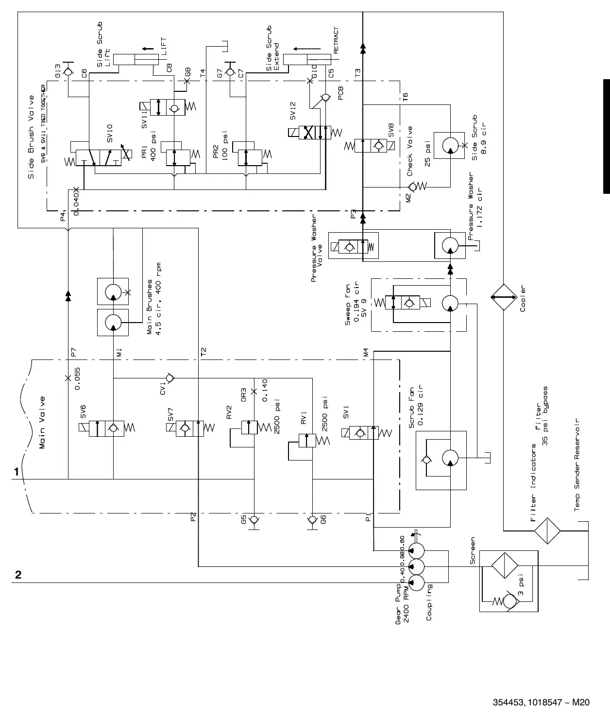 Tennant M20 hydraulic hose group, steering and propel exploded view (page 2)