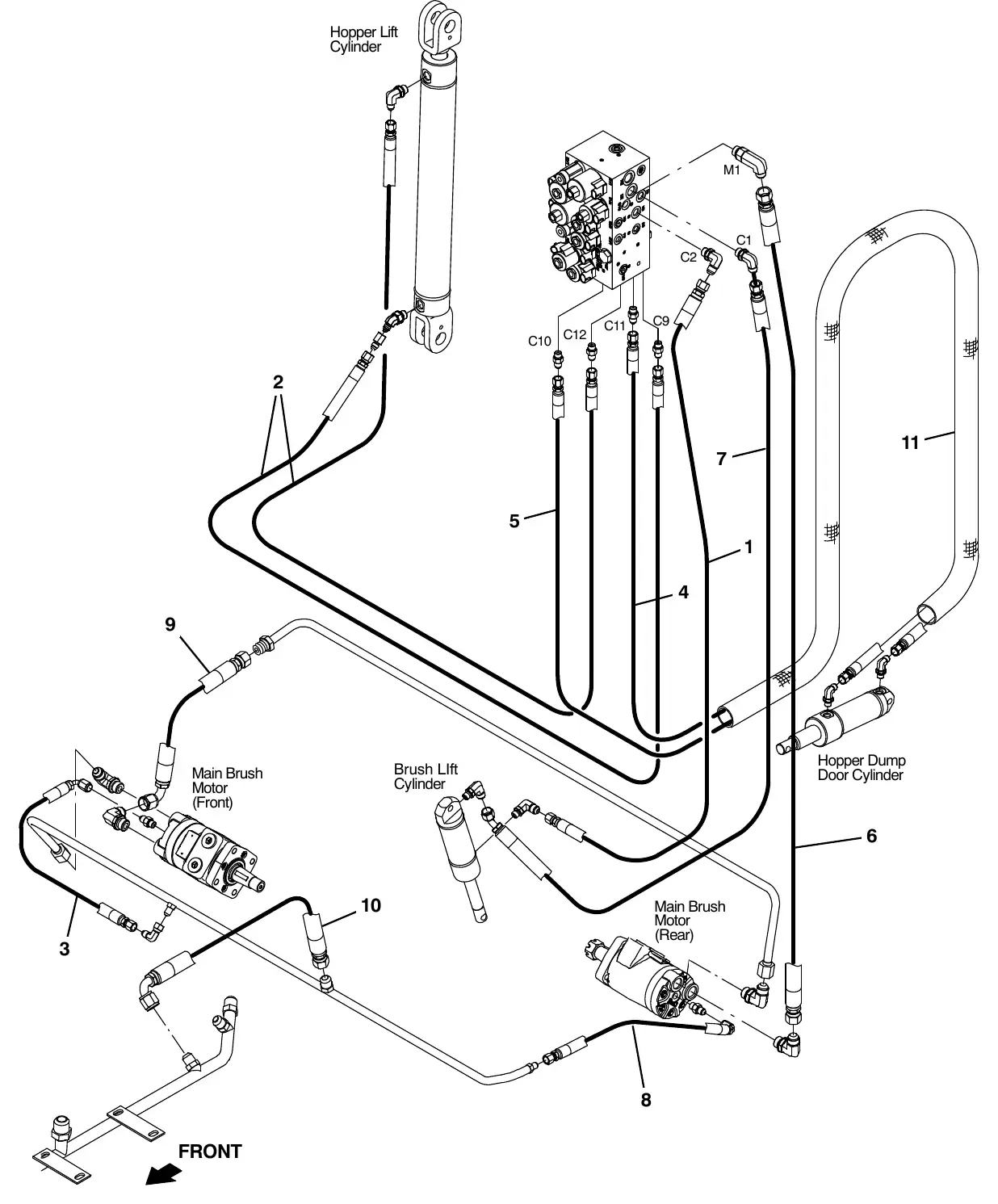 Tennant M20 hydraulic hose group, brush and hopper exploded view