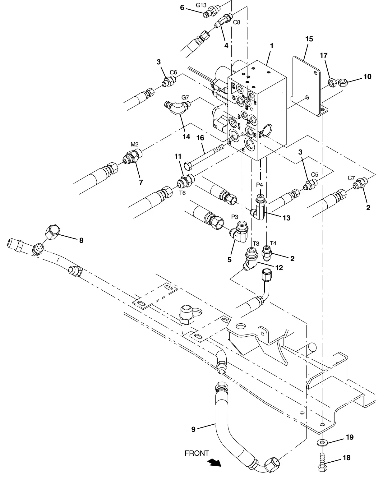 Tennant M20 side brush hydraulic valve group exploded view