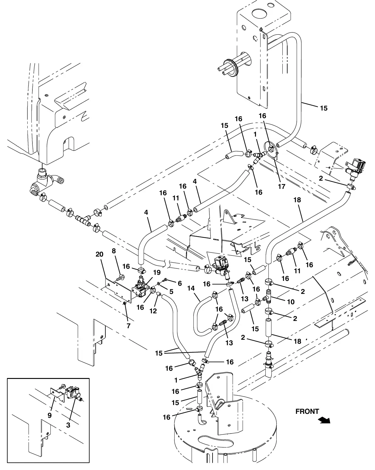 Tennant M20 ec - h20 solution supply group with side brush (s/n 008000 - 014000) exploded view