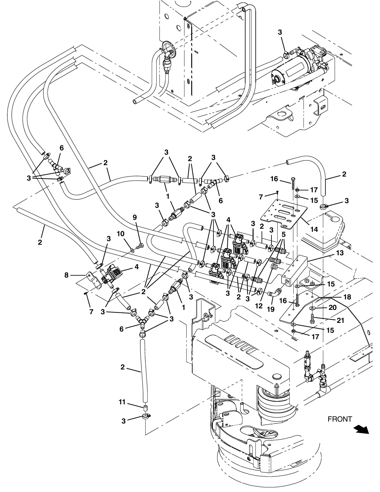 Tennant M20 ec - h20 solution supply group with side brush (s/n 014001 - ) exploded view