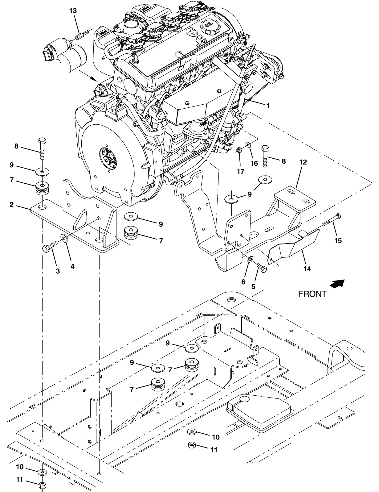 Tennant M20 mitsubishi engine and mount group, gas (s/n 008000 - 015000) exploded view