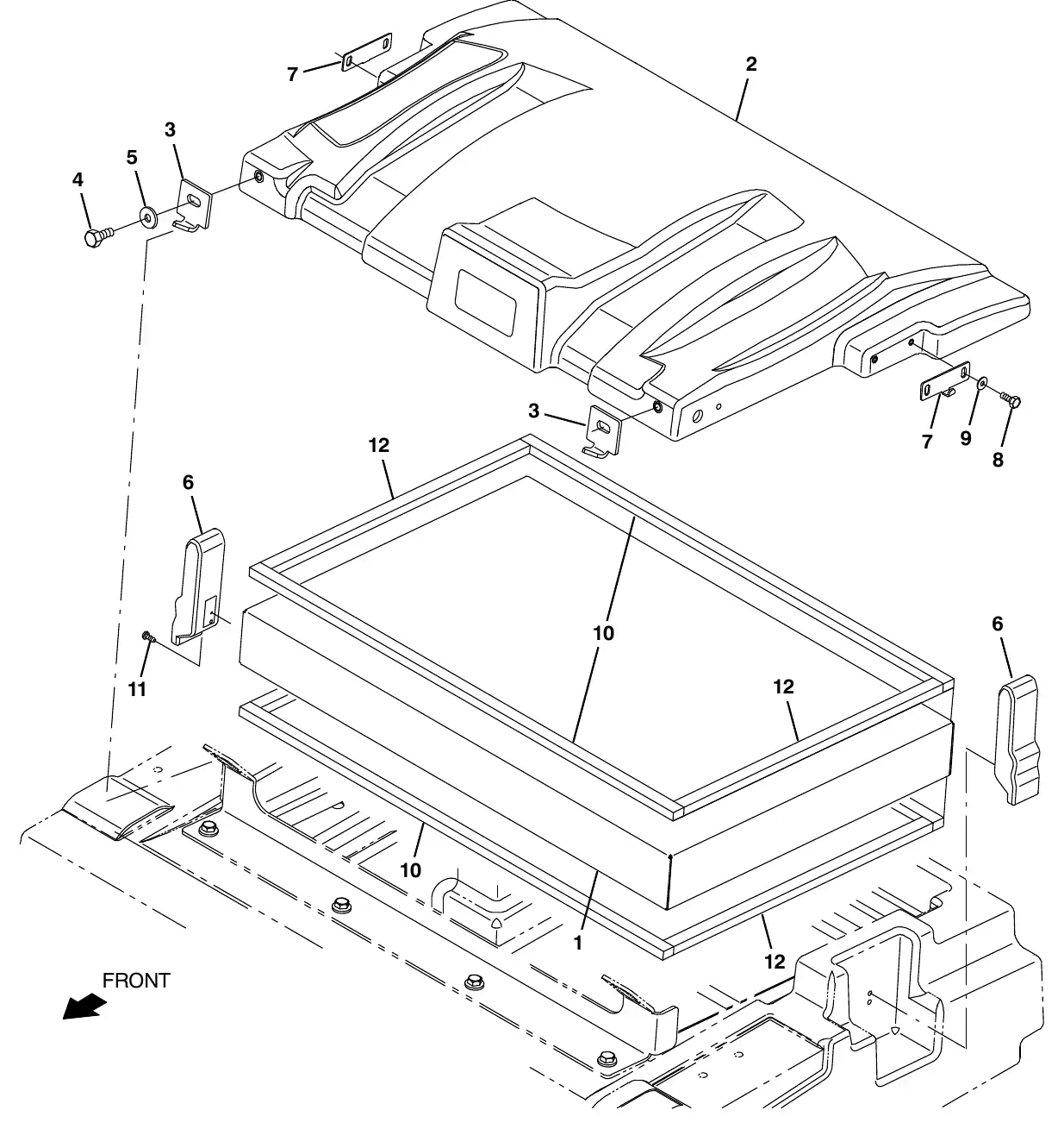 Tennant M20 wet dust control hopper cover group (s/n 010900 - ) exploded view