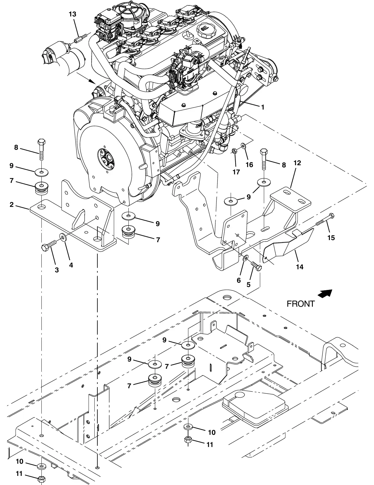 Tennant M20 mitsubishi engine and mount group, lpg (s/n 008000 - 015000) exploded view