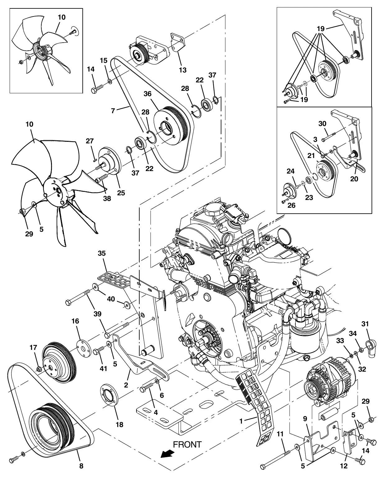 Tennant M20 mitsubishi engine alternator and fan group (s/n 008000 - 015000) exploded view