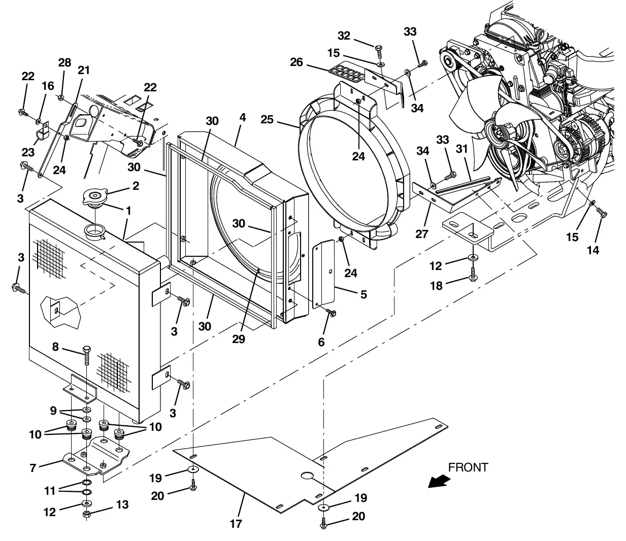 Tennant M20 mitsubishi engine radiator and mount group (sn 008000 - 015000) exploded view