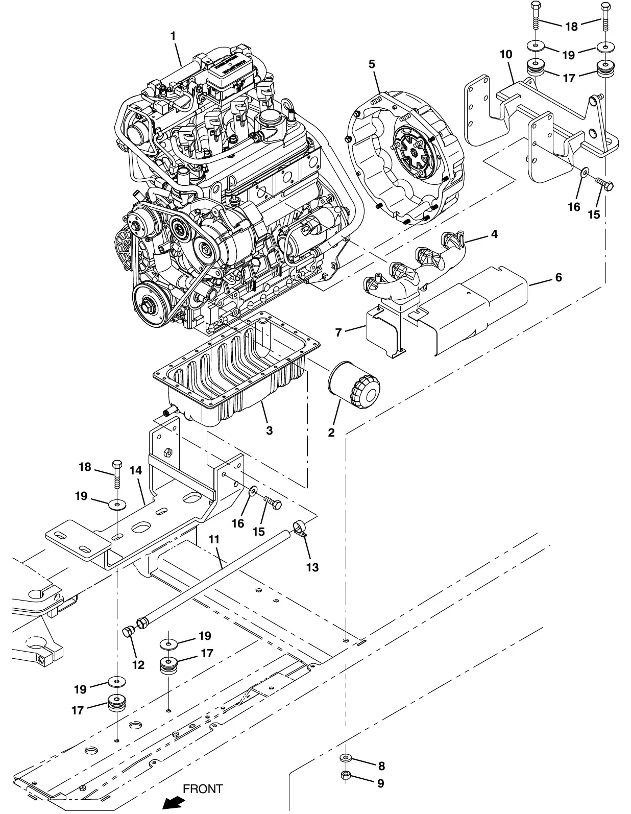 Tennant M20 kubota engine and mount group, gas (s/n 015001 - 016999 ) exploded view