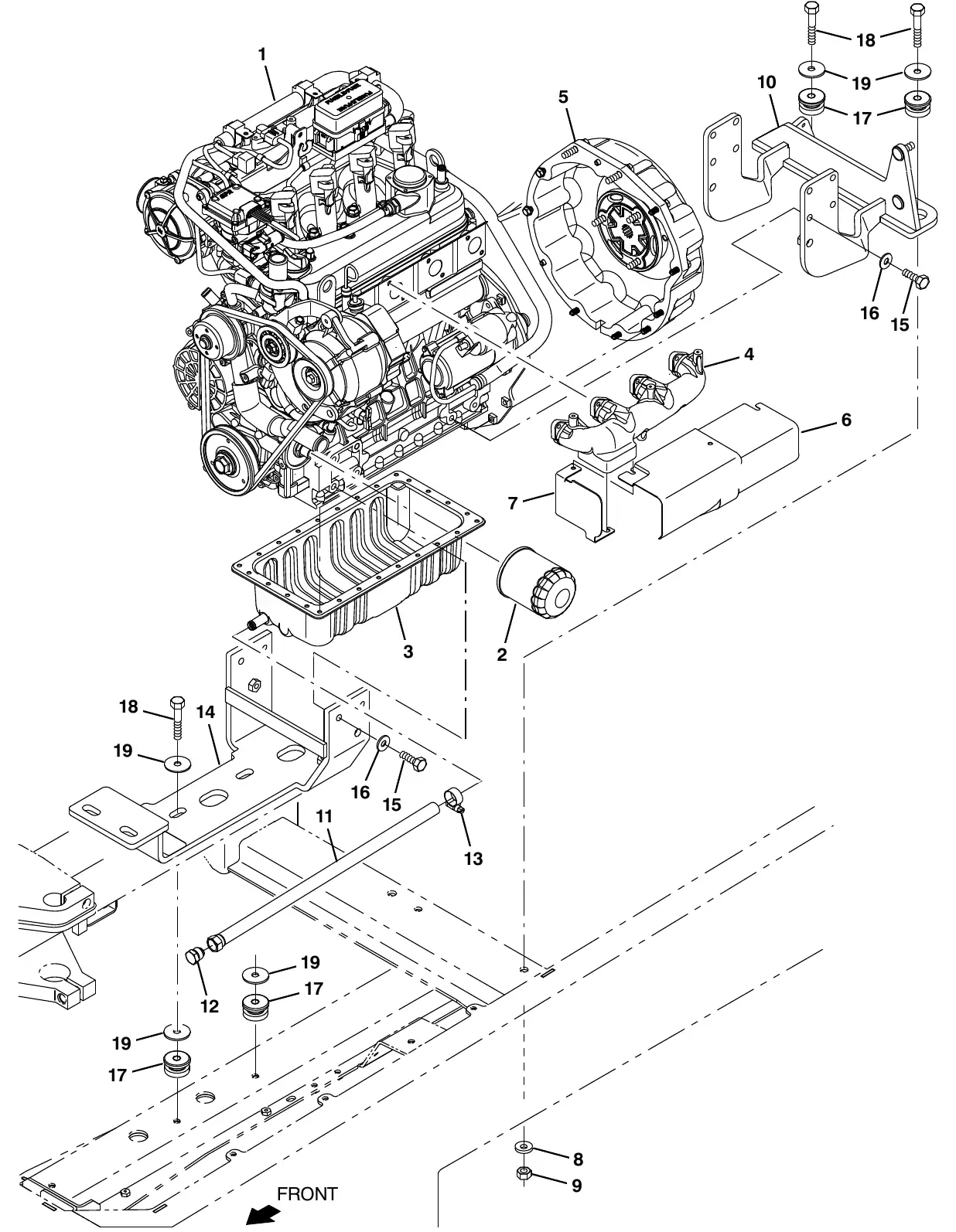 Tennant M20 kubota engine and mount group, lpg (s/n 015001 - 016999) exploded view