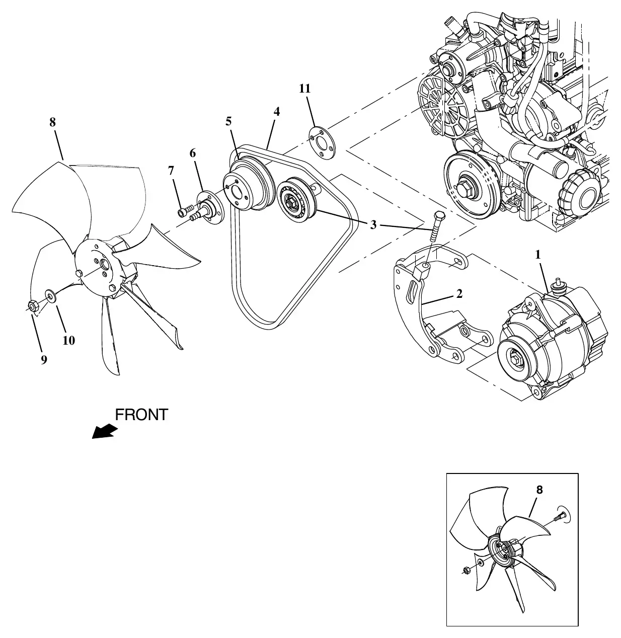 Tennant M20 kubota engine alternator and fan group (s/n 015001 - 016999) exploded view
