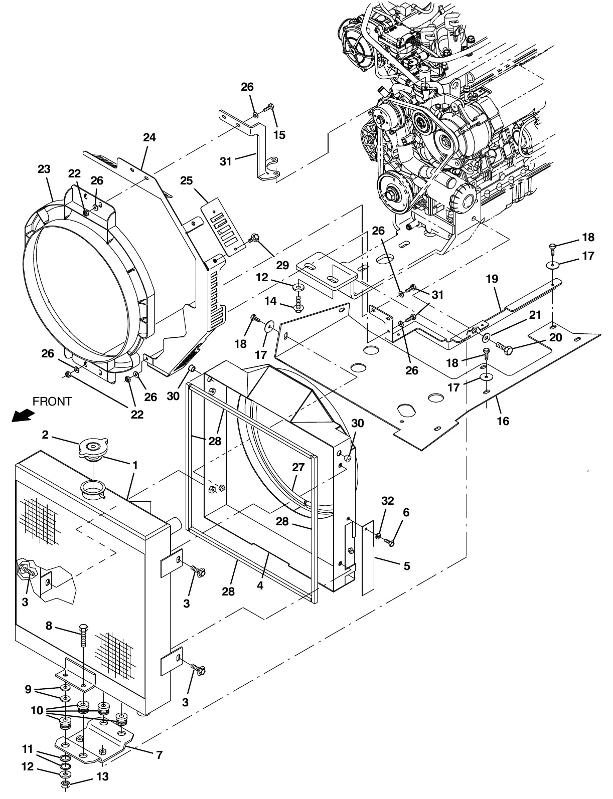 Tennant M20 kubota engine radiator and mount group (s/n 015001 - 016999 ) exploded view