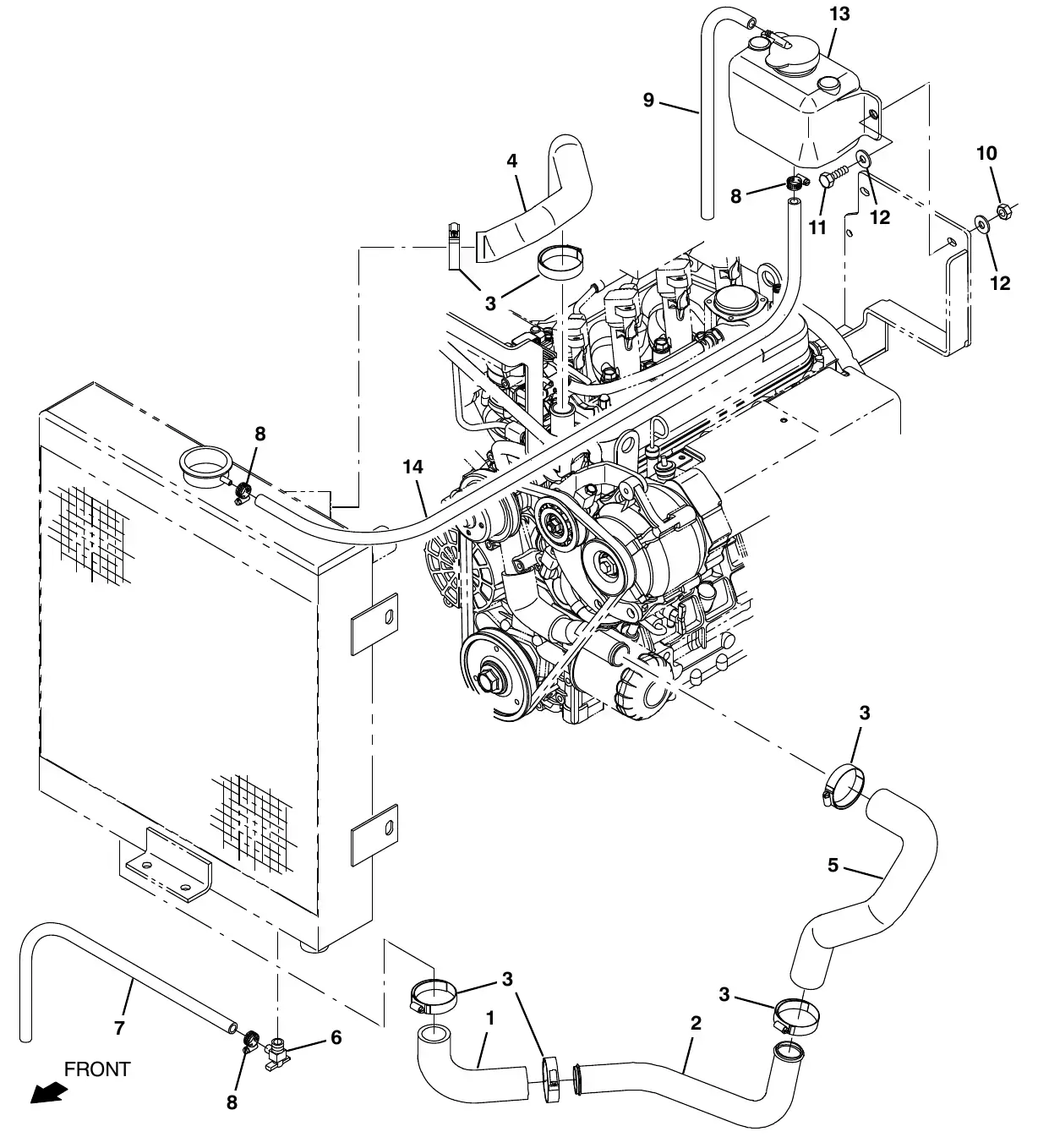 Tennant M20 kubota engine radiator hose group (s/n (015001 - 016999) exploded view