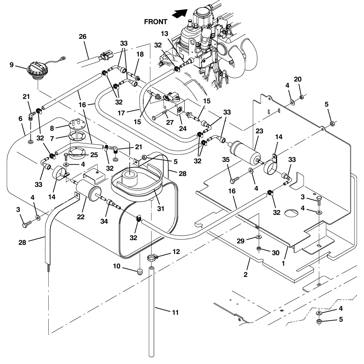 Tennant M20 kubota engine fuel tank group, gas (s/n 015001 - 016999) exploded view