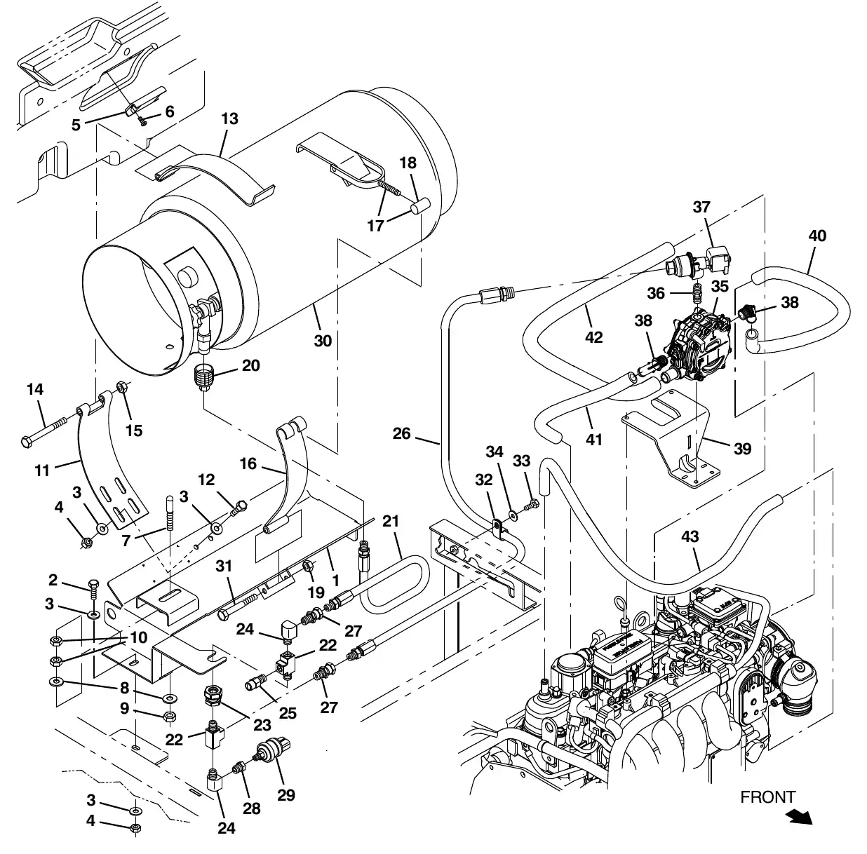 Tennant M20 kubota engine fuel tank group, lpg ( s/n 015001 - 016999) exploded view