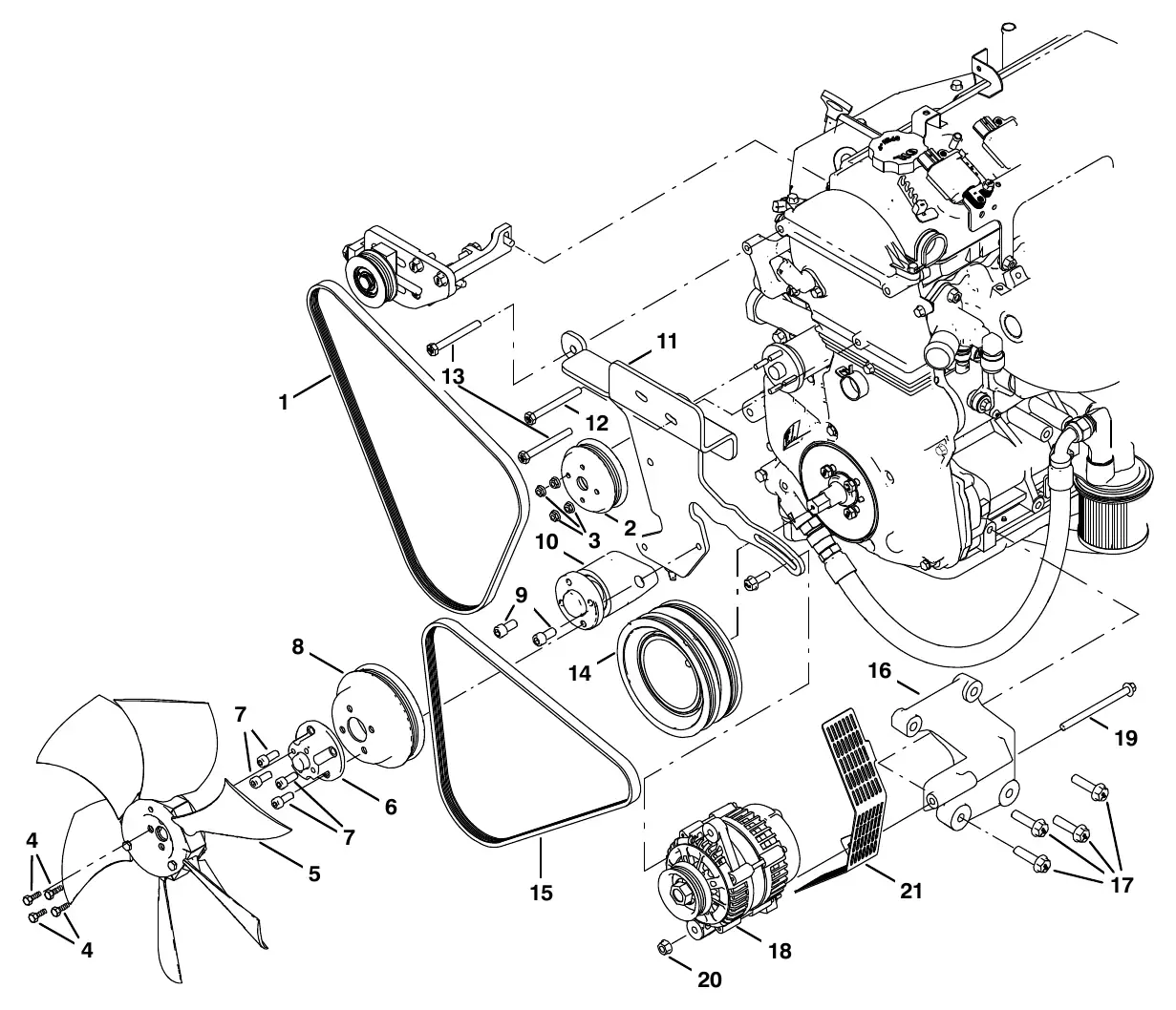 Tennant M20 psi engine alternator and fan group (s/n 017000 - ) exploded view