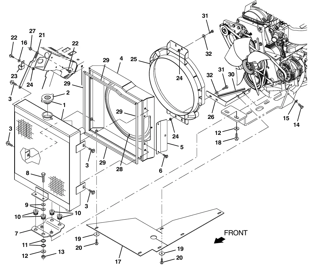 Tennant M20 psi engine radiator and mount group (sn 017000 - ) exploded view