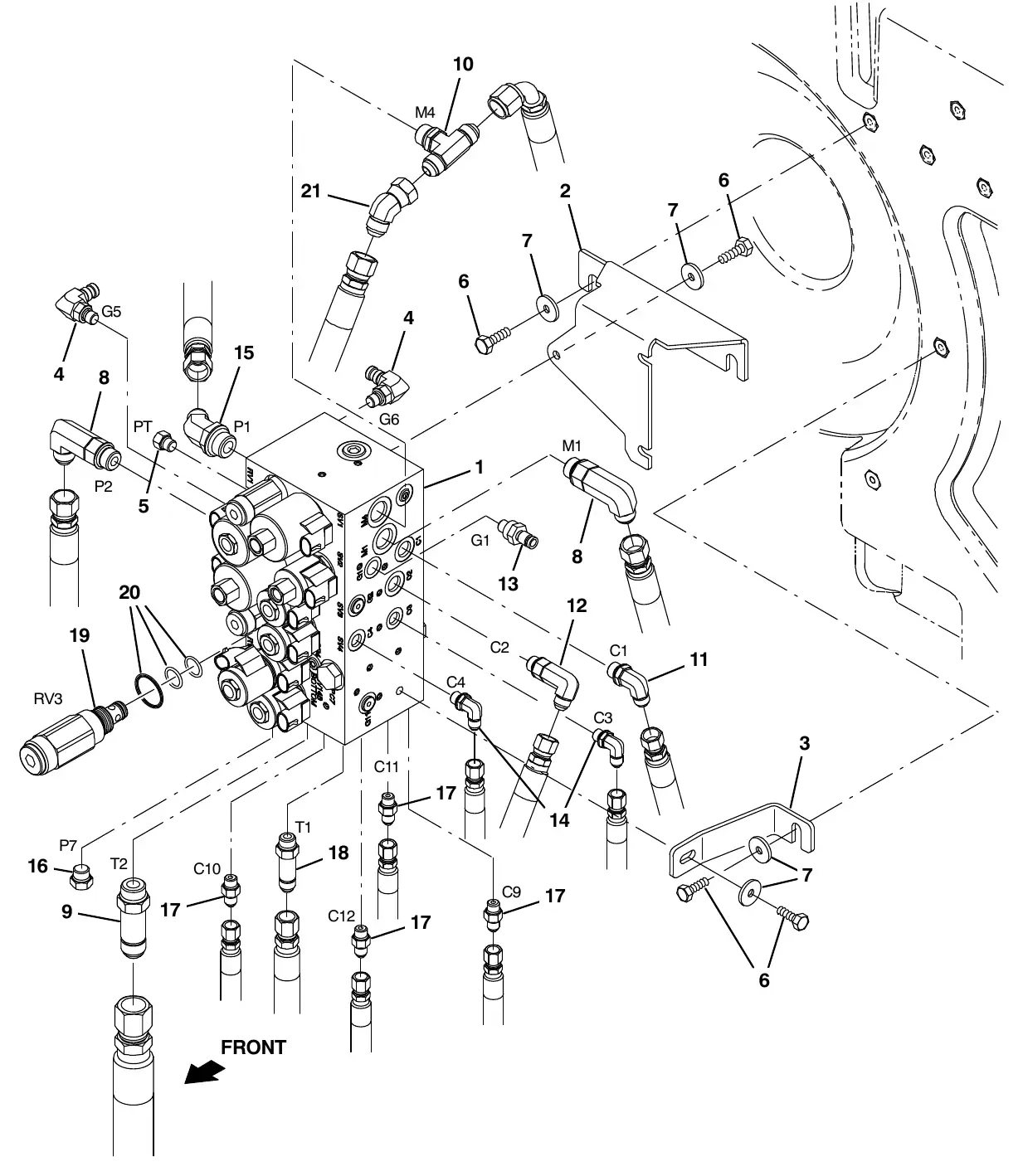 Tennant M20 hydraulic valve group exploded view