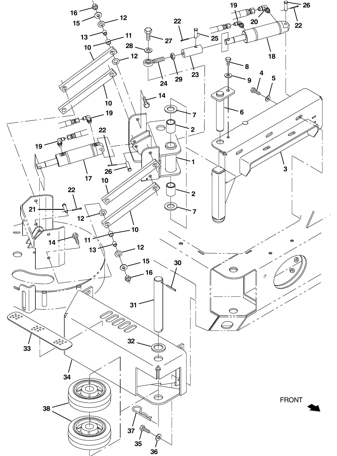 Tennant M20 side brush lift group exploded view