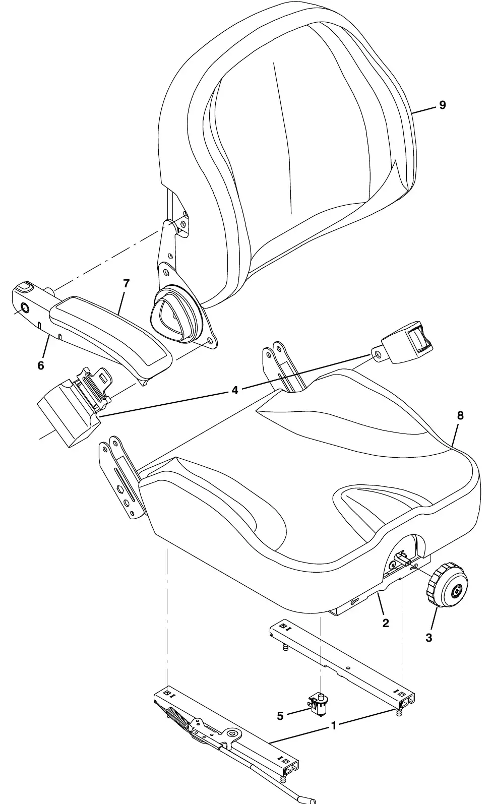 Tennant M20 seat breakdown, 9018721 exploded view