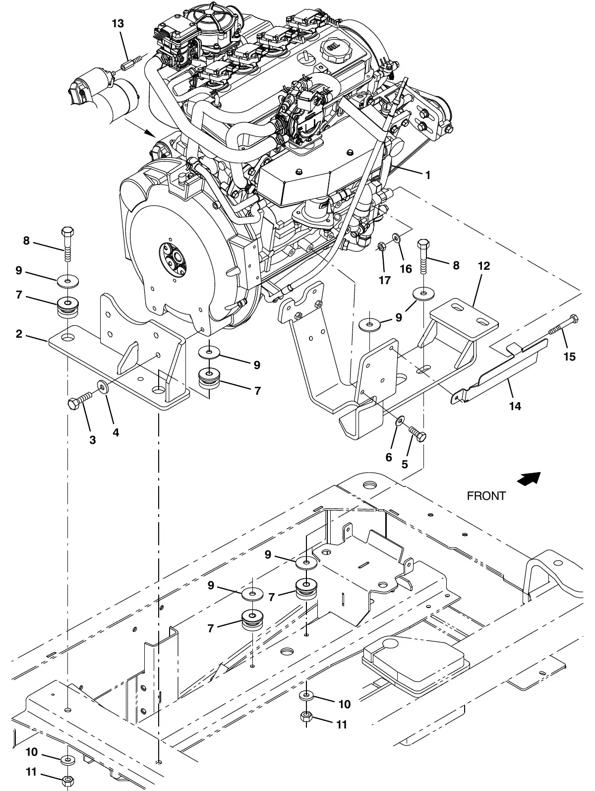 Tennant M20 mitsubishi engine and mount group, lpg exploded view
