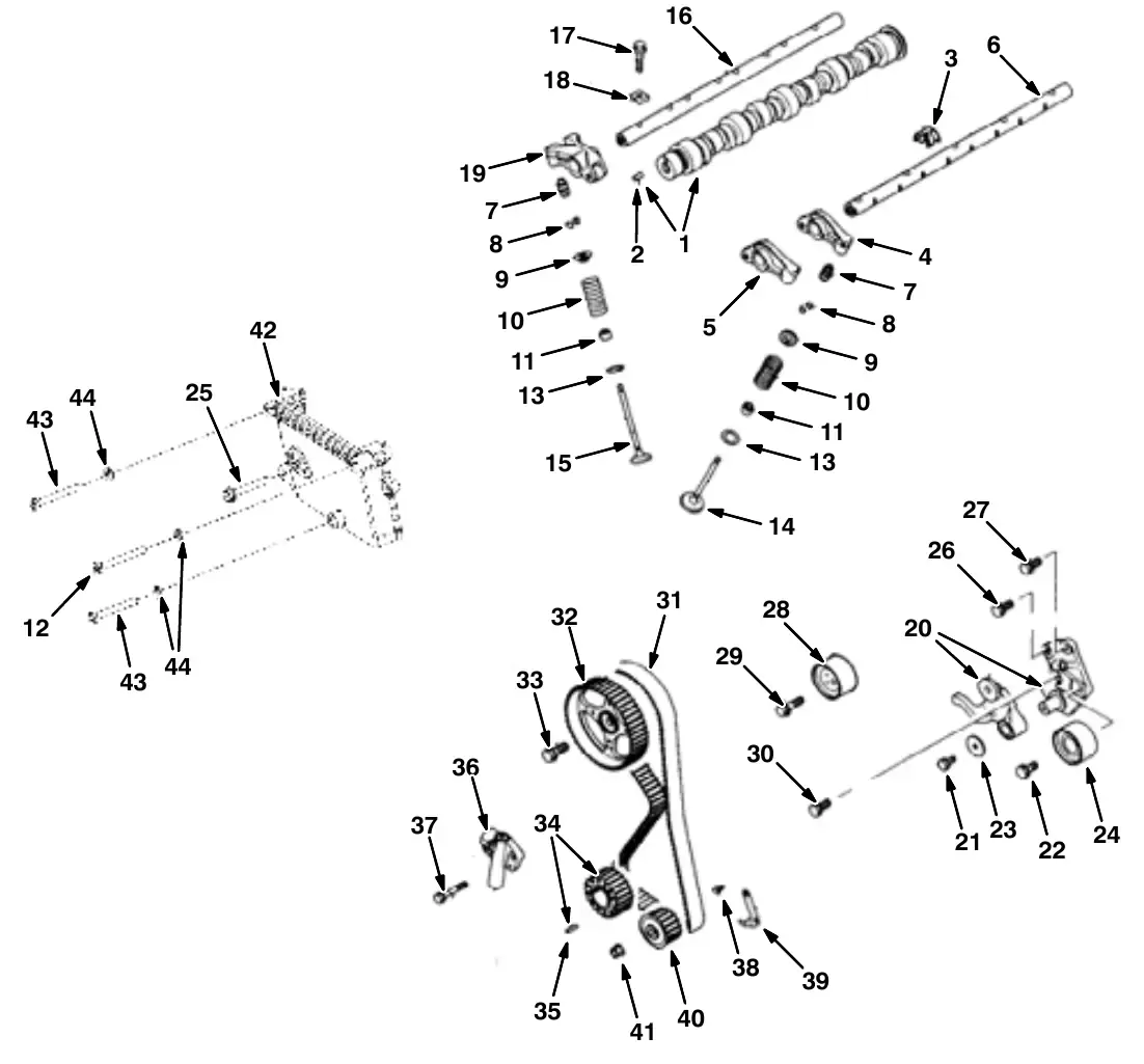 Tennant M20 camshaft and valve group exploded view