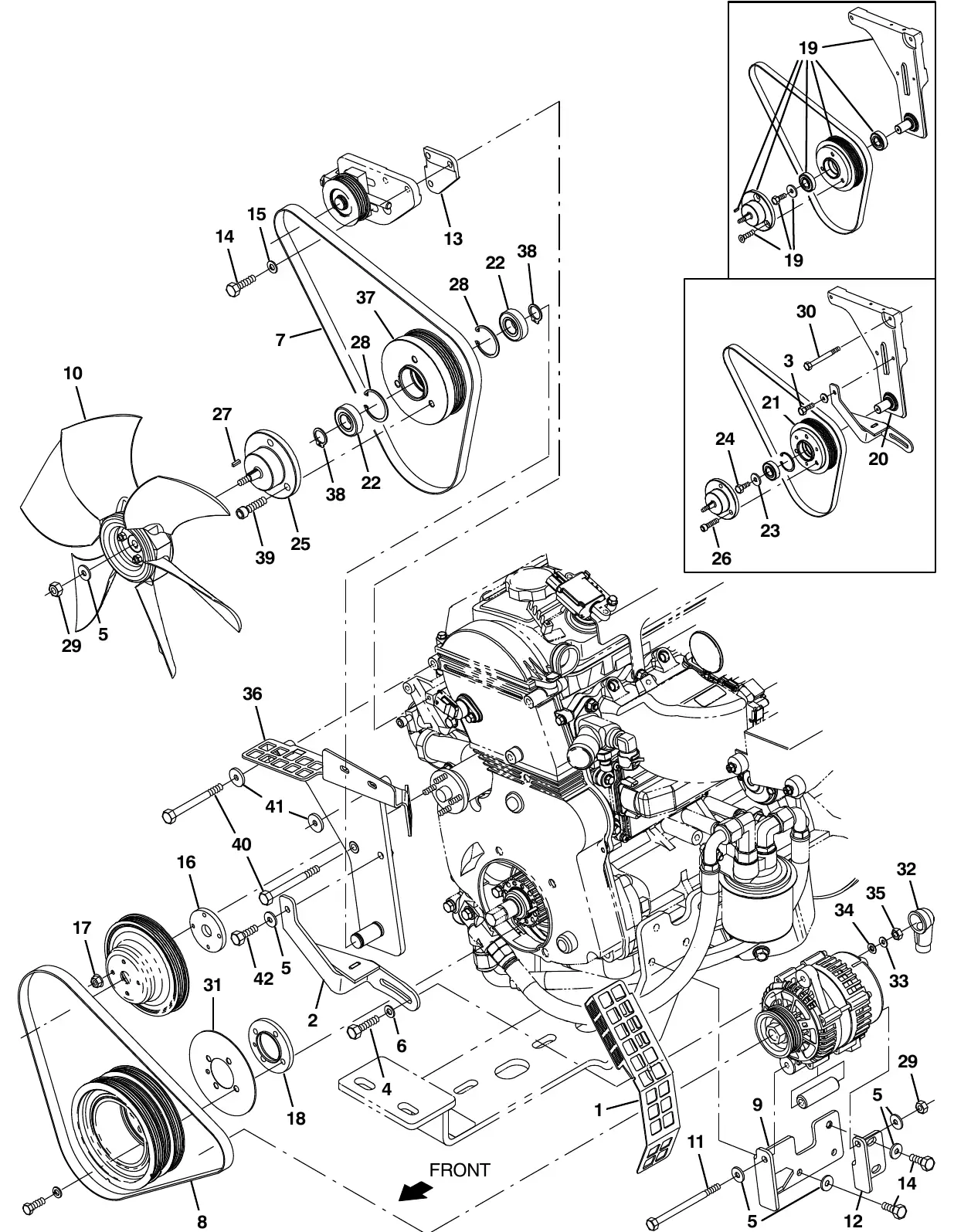 Tennant M20 mitsubishi engine alternator and fan group exploded view