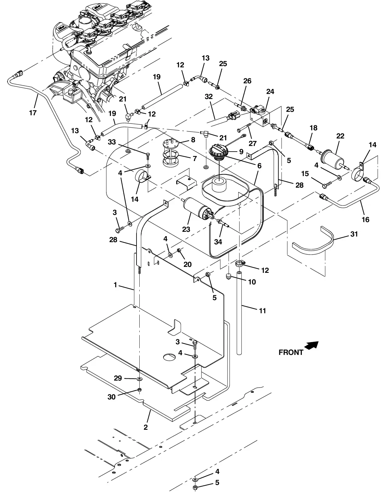 Tennant M20 engine fuel tank group, gasoline exploded view