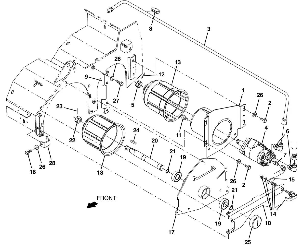Tennant M20 cylindrical scrub brush drive group, left side exploded view