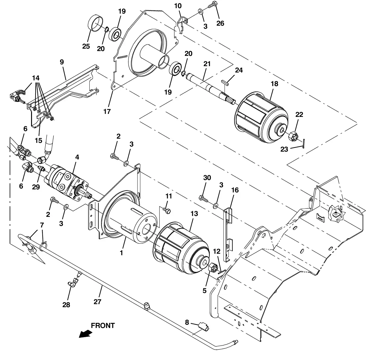 Tennant M20 cylindrical scrub brush drive group, right side exploded view