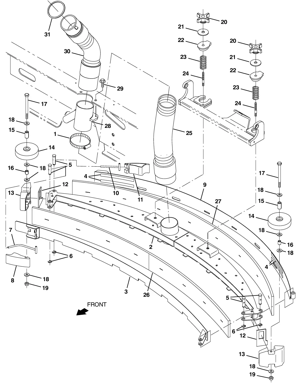 Tennant M20 squeegee group, rear exploded view