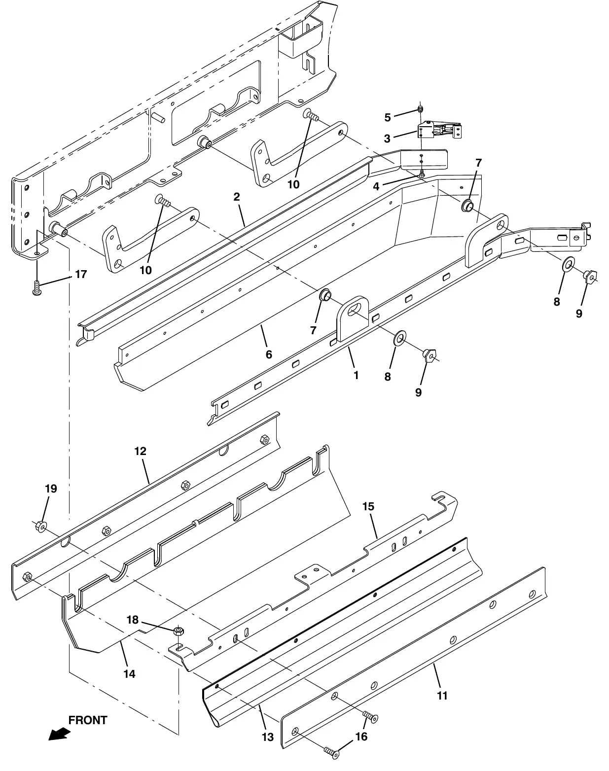Tennant M20 squeegee group, right side exploded view