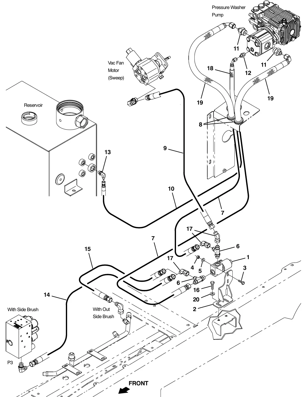 Tennant M20 pressure washer hydraulic hoses group exploded view