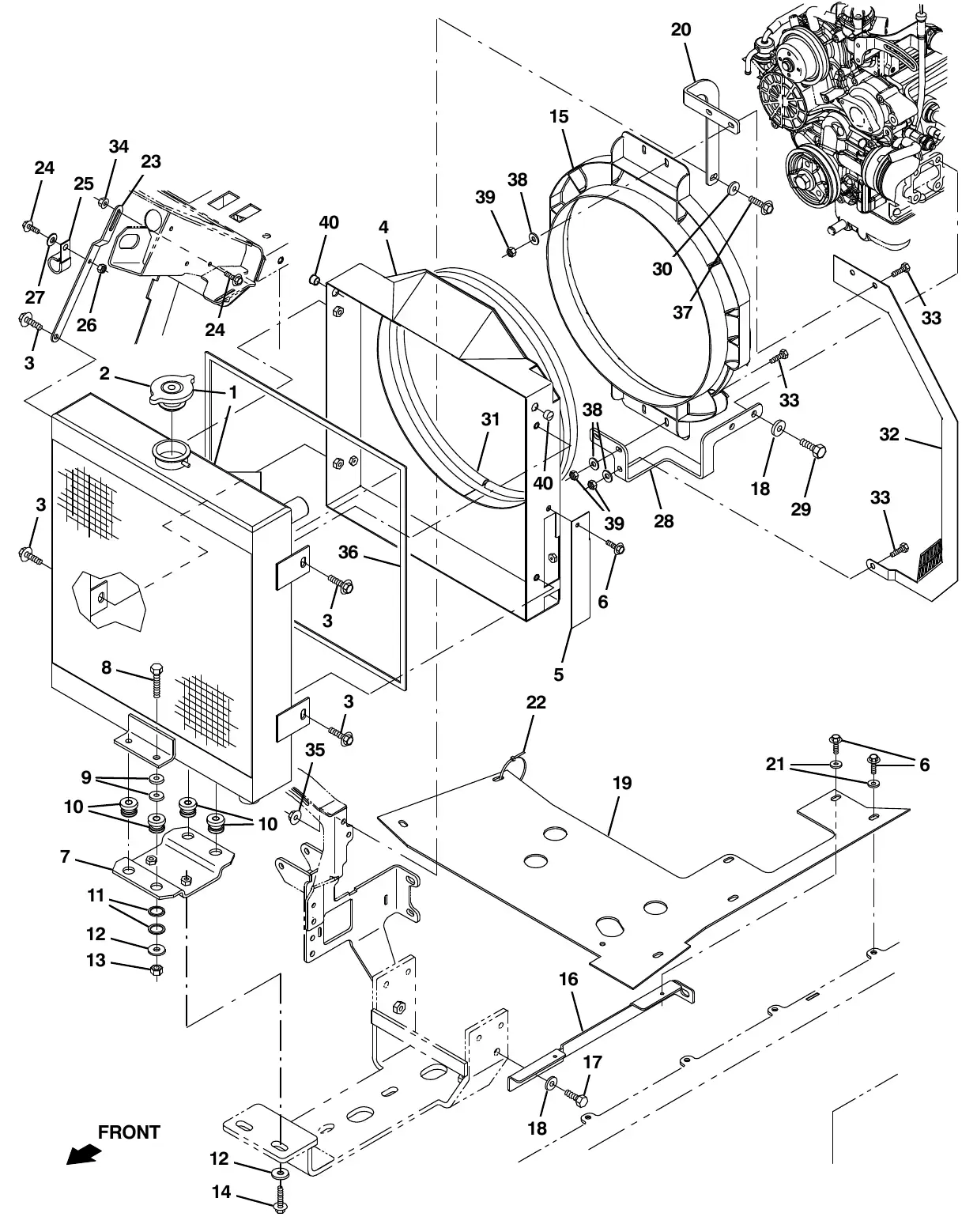 Tennant M20 engine radiator group exploded view