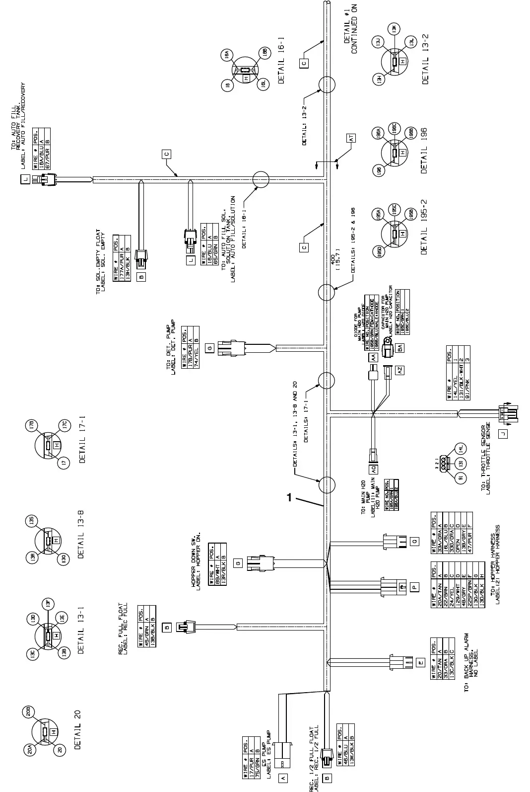 Tennant M20 electrical wire harness group, main ( s/n 014001 - ) exploded view (page 1)